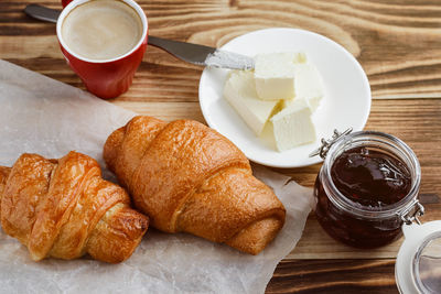 High angle view of breakfast served on table