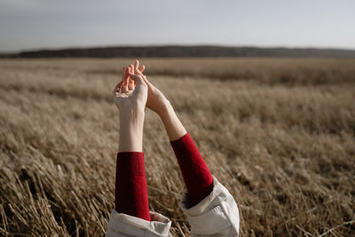 Midsection of child on field against sky