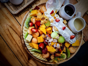 High angle view of breakfast on table