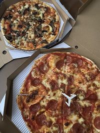 High angle view of pizza on table