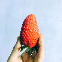 Cropped image of hand holding strawberry against white background
