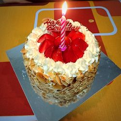 Close-up of cake served on table