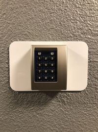 High angle view of telephone on table