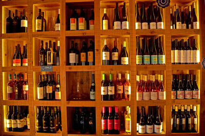 Full frame shot of bottles on rack