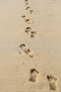 High angle view of footprints on sand at beach