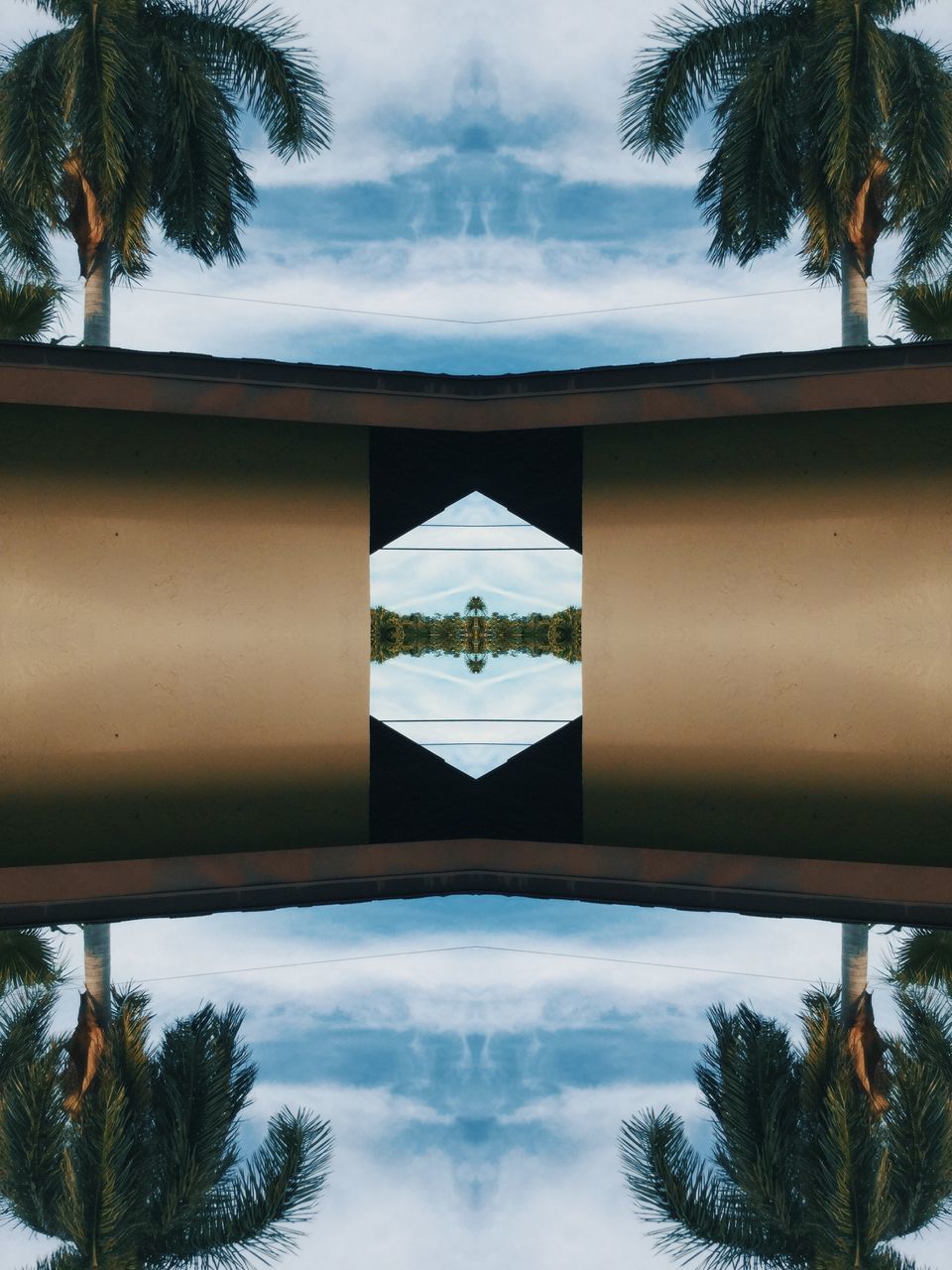 tree, sky, cloud - sky, palm tree, tropical climate, plant, nature, no people, beauty in nature, tranquility, architecture, day, tranquil scene, outdoors, scenics - nature, symmetry, roof, digital composite, travel destinations, growth