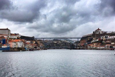 View of bridge over river against cloudy sky