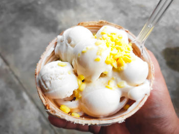 Close-up of hand holding ice cream in coconut