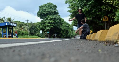 Surface level of man on road against trees in city