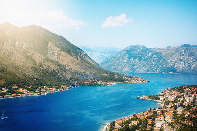 View from mountain in sunny day on kotor bay and old town, montenegro.