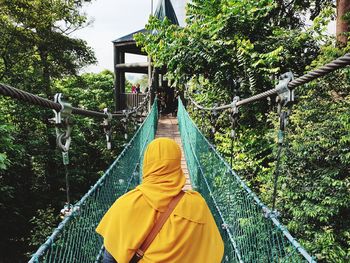 Rear view of person on footbridge against trees