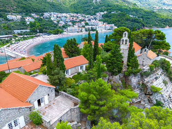 High angle view of buildings in town