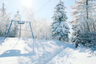 Snow covered field by trees