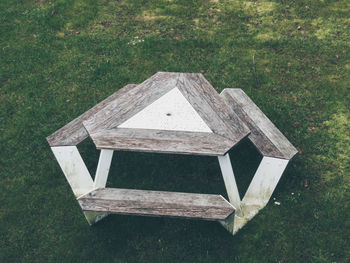 High angle view of wooden structure on field