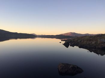 Scenic view of lake against clear sky during sunset