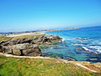 Scenic view of sea against blue sky
