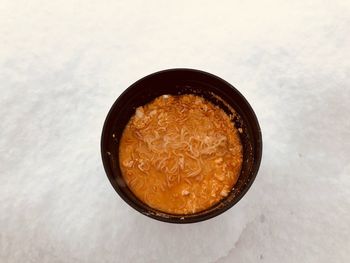 High angle view of bread in bowl on table