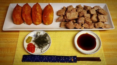 High angle view of breakfast served on table