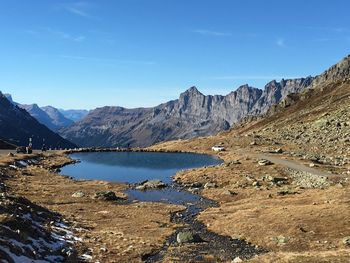 Scenic view of lake by mountains against sky