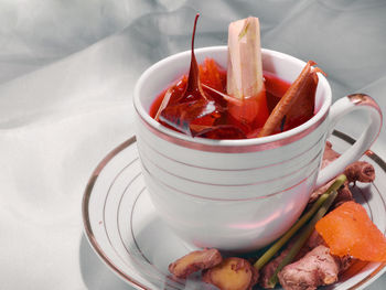 High angle view of food in plate on table