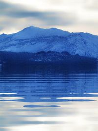 Scenic view of lake by snowcapped mountains against sky