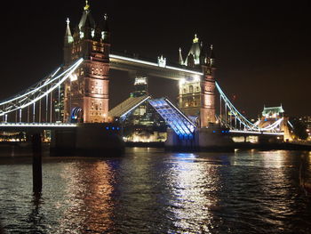 Illuminated bridge over river at night