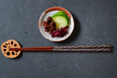Directly above shot of fruits in bowl on table