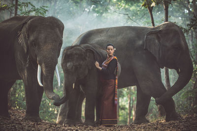 Young woman standing with elephant in forest