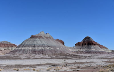 Layers of petrified sandstone mountains with colorful layers of sediment.