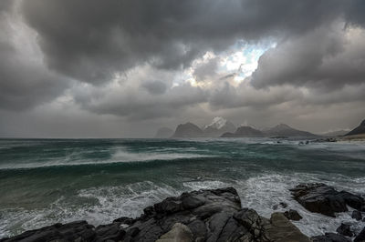 Scenic view of stormy sea against sky