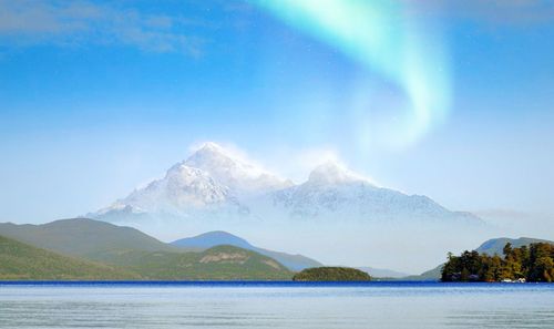 Scenic view of lake and mountains against sky