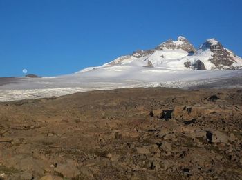 Scenic view of mountains against clear blue sky