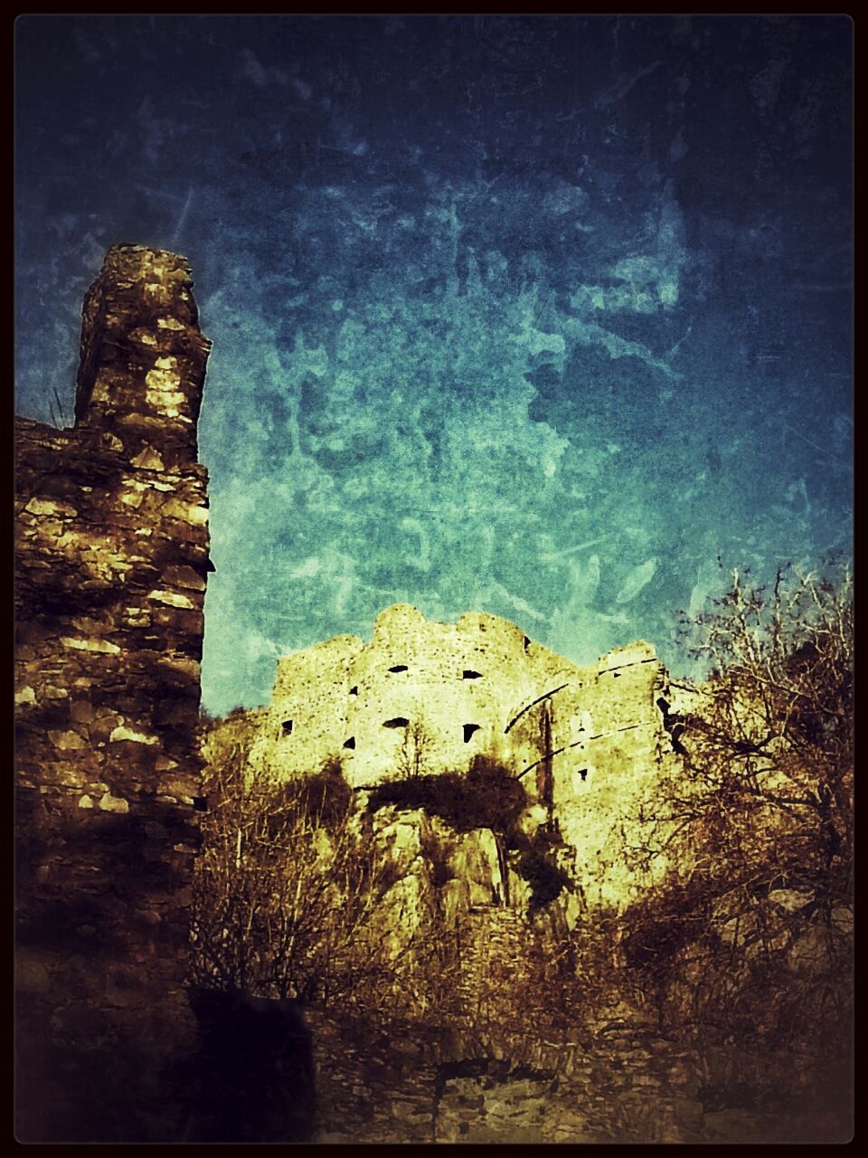 transfer print, auto post production filter, water, rock - object, built structure, high angle view, nature, tranquility, rock formation, sea, abandoned, damaged, architecture, rock, day, outdoors, tree, old, building exterior, no people