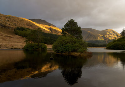 Scenic view of lake and mountains against sky