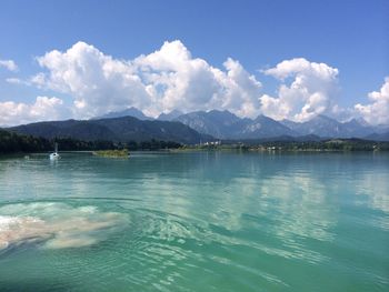 Scenic view of lake against cloudy sky