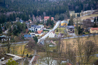 High angle view of road amidst trees in forest