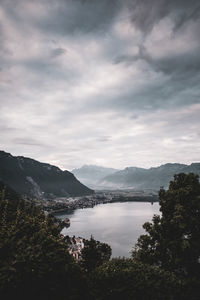 Scenic view of lake and mountains against sky