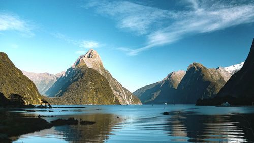 Scenic view of lake and snowcapped mountains against sky