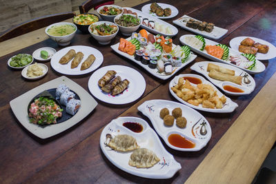 High angle view of meal served on table