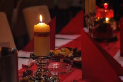 Close-up of illuminated candle on dining table