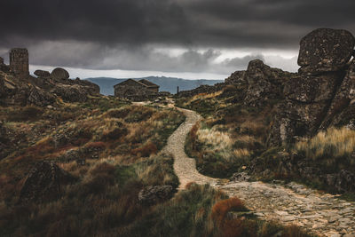 Panoramic view of rocks on land against sky