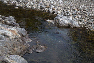 High angle view of river flowing through rocks