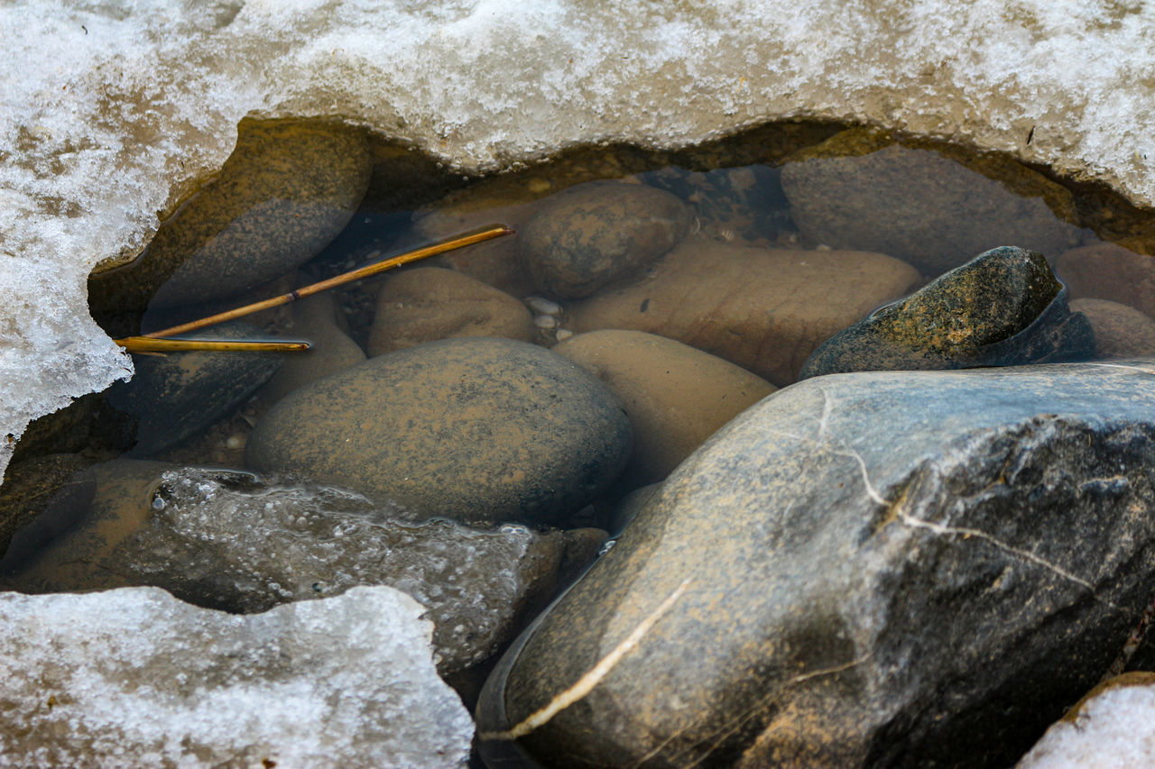 HIGH ANGLE VIEW OF STONES IN SEA