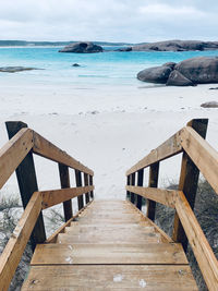 Wooden pier on beach against sky