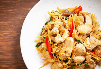 High angle view of food in plate on table