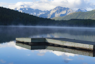 Scenic view of lake and mountains against cloudy sky