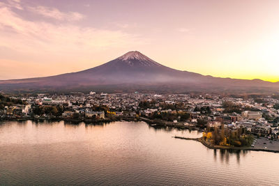 Aerial view of city against sky during sunset