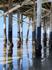 Reflection of wooden pier on sea against sky