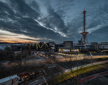 Train in city against sky