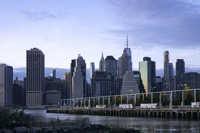 Skyline of financial district in new york city with modern office buildings